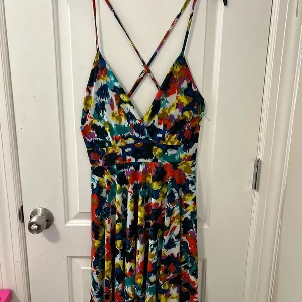 Flyaway Collection Multi-Color Abstract Ikat Cross-Back Handkerchief Hem Dress L - Image 3