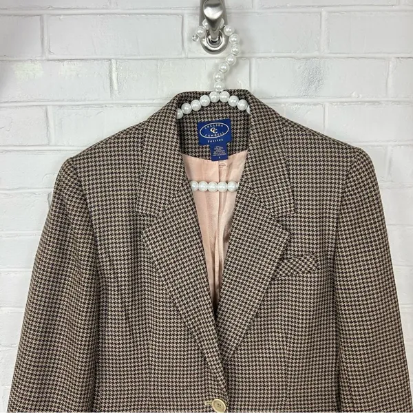 Vintage Chelsea Campbell Petites Brown Houndstooth Wool Blazer Jacket Size 8P - Image 3