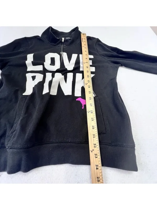 Vtg Y2K Victoria's Secret PINK 'Love Pink' Half Zip Sweatshirt Size L Black - Image 11
