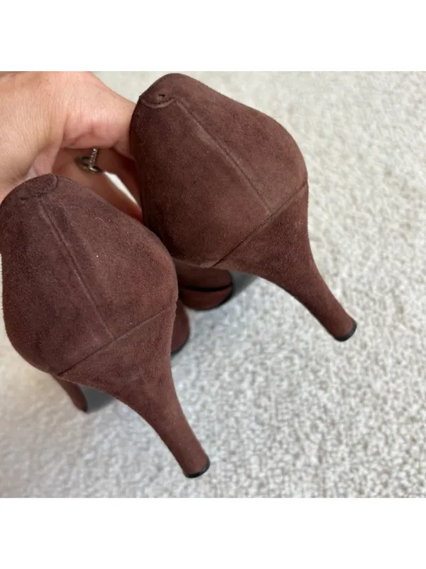 Vintage 90s Bally Brown Suede Pointed Toe Pumps Gold Hardware Italy Designer Hee - Image 7