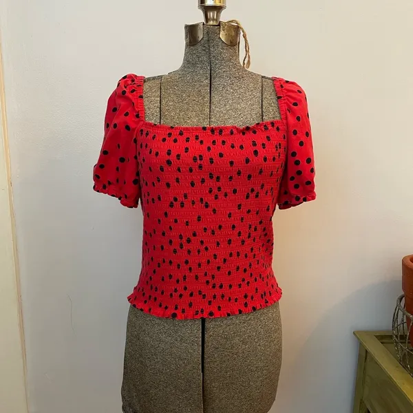 Anthropologie Dolan Polka Dot Smocked Puff-Sleeved Boho Top - Size Medium - Image 4