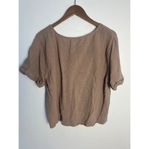 Zenana Wm XL Brown Crop Cotton Gauze V-Neck Cuffed Short Sleeve Top Minimalist - Image 3