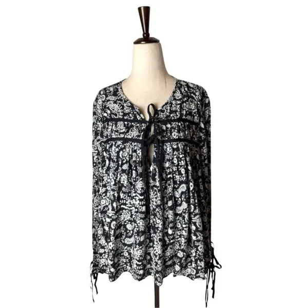 Rebecca Minkoff Shirt Women XL‎ Black Floral Bell Sleeve Top Peasant Whimsigoth - Image 2