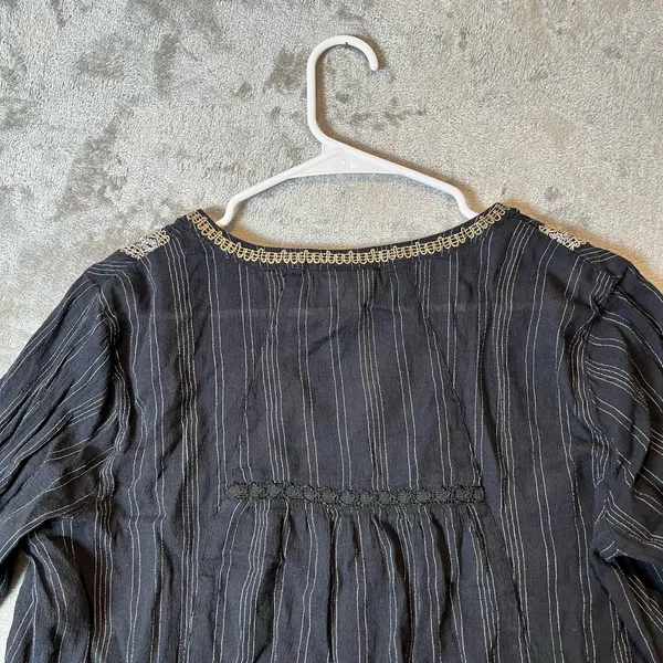 J Jill Sz Medium Embellished Crinkle‎ Peasant Split V-Neck Blouse Boho Black Tan - Image 6