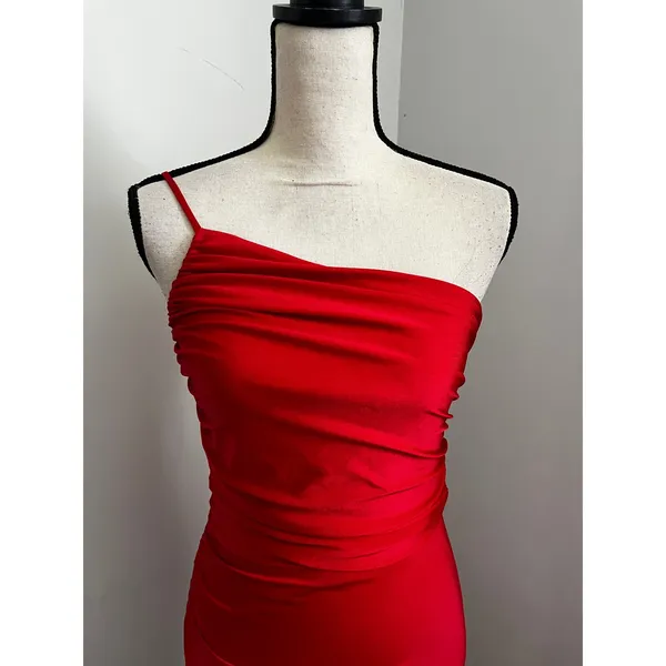 Lulus One Shoulder Maxi Dress Red Satin Asymmetrical Hem sz Small Party Wedding - Image 4