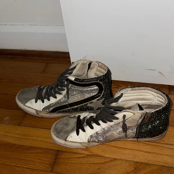 Golden Goose High-Top Sneakers in Gray & Green Sparkles - Image 5