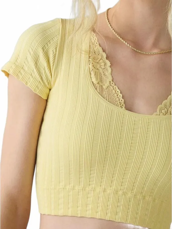 UO Out From Under Thalia Seamless Knit Lace Trim Crop Tee Urban Outfitters S/M - Image 3