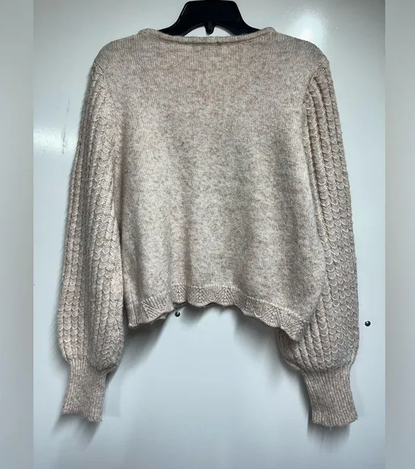 FRYE V-Neck Sweater Neutral Tan Beige Oatmeal Ribbed Knit Slouchy Balloon Sleeve - Image 5