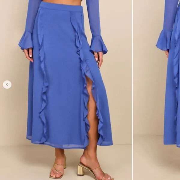 LULU's Boho Bohemian Flowy Romantic Ruffle Chiffon Blue Maxi Skirt NWT - Image 2