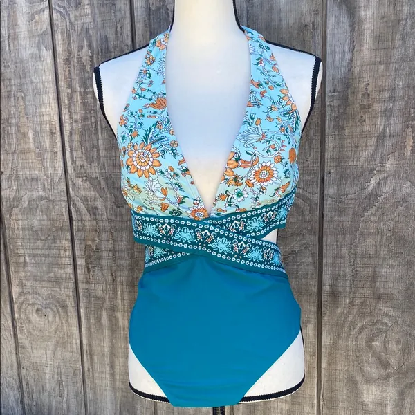 Cupshe Teal Floral Piece Cut Out Plunge Sides Halter One Piece Swimsuit Size L - Image 3