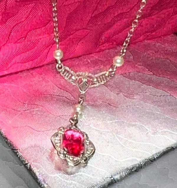 10K Gold 13” Red Stone/Pearl Drop Necklace - Image 5