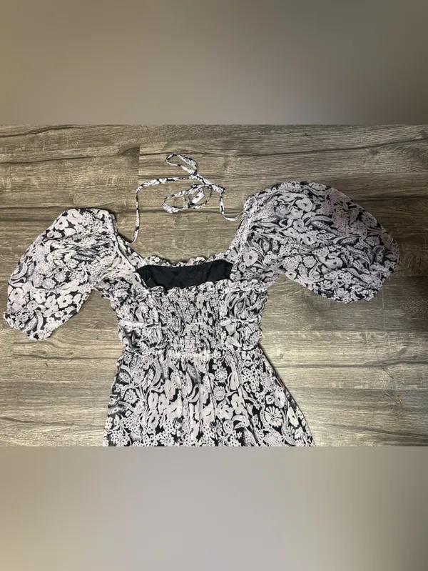 by Anthropologie Small Floral Smocked Puff Sleeve Midi Dress Boho Black - Image 8