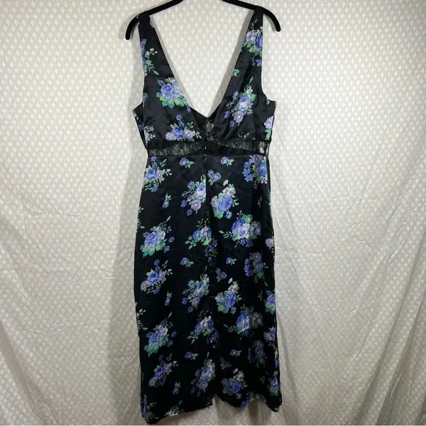 Revolve WeWoreWhat Cottagecore Black Blue Floral Satin Lace Midi Slip‎ Dress - Image 9