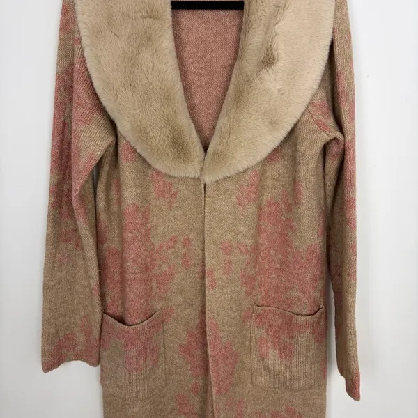 Happily Grey Long Cardigan Faux Fur Neckline Pink Tan Elevated Indie Glam Large - Image 4
