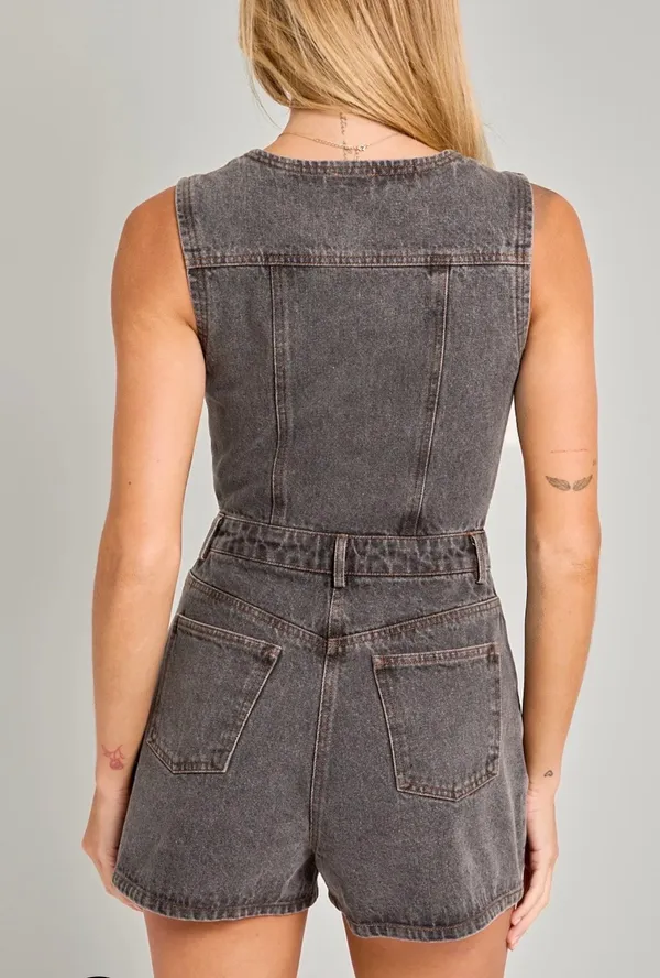 Le Lis V Neck Sleeveless Denim Romper - Image 2