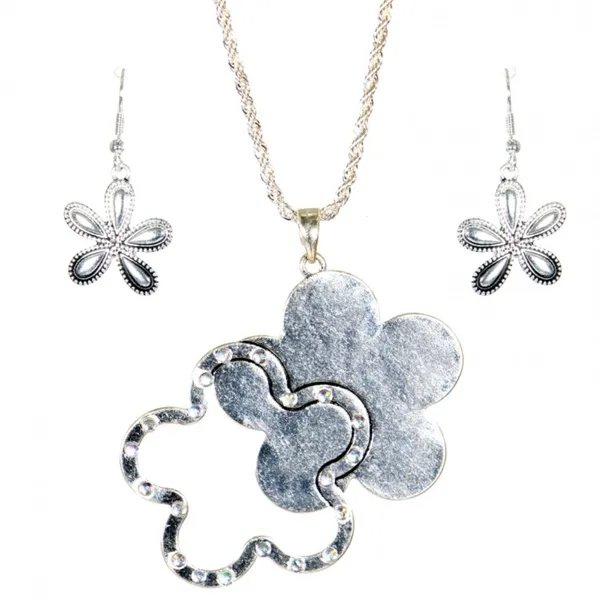 LUCKY YOU Antique Look Clover Rhinestone Pendant Chain Necklace Set Silver - Image 3