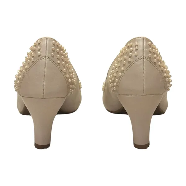 Silver Slipper Pumps Size 7M Beige Pearl Embellished Kitten Heels - Image 5