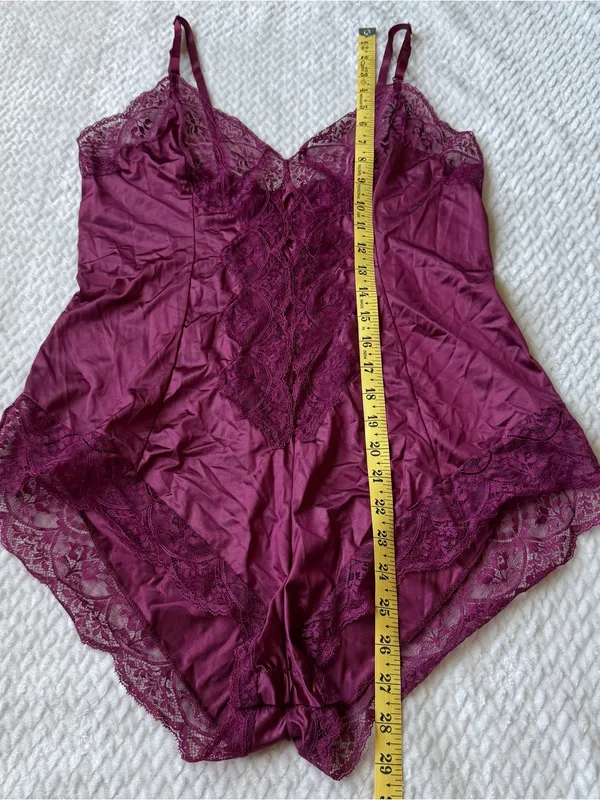 VTG 70s 80s Lace Teddy Romper Bodysuit Lingerie M L Berry Coquette USA Union - Image 10