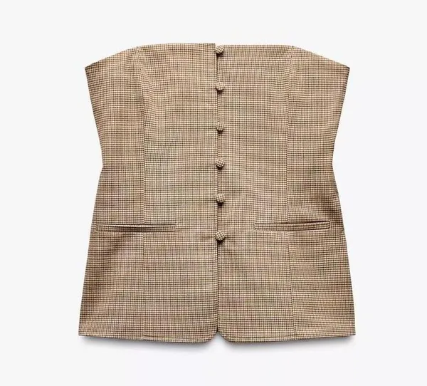 NWT Zara Checkered Plaid Covered Button Corset Strapless Top in Tan - S - Image 5