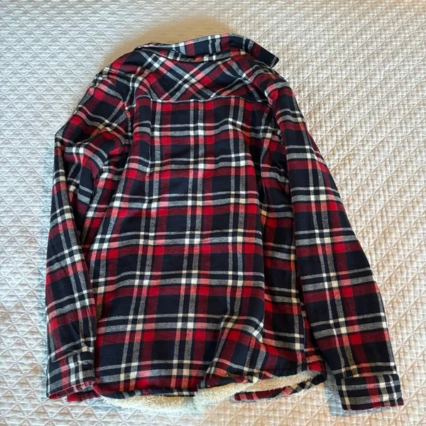 Women Red and Navy Blue Plaid Sherpa Lined Button Down jacket - Image 4