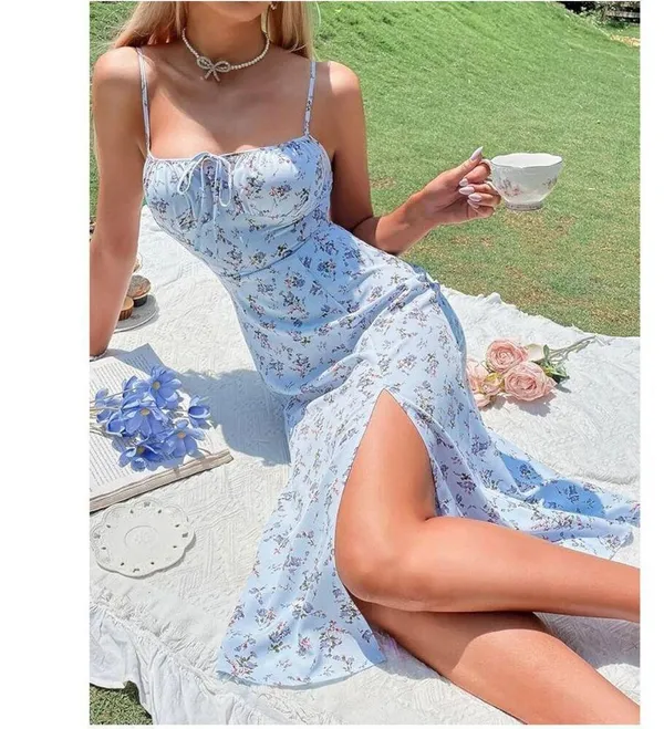NEW Spaghetti Strap Floral Tie Front Slit Thigh Cami Dress Midi Dress S - Image 4