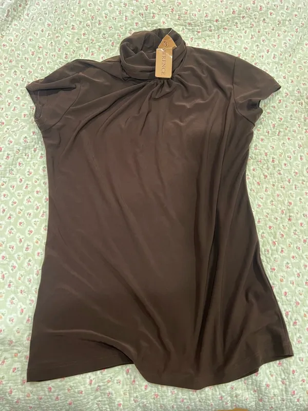 Women's Brown Mock Neck Short Sleeve Tee - Classic Stretch - Image 2