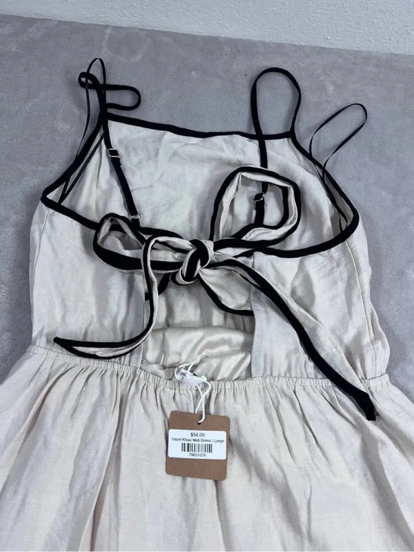Blu Pepper Hazel Khaki Midi Dress NWT Boho Tiered Open Back Tie Cream Large - Image 9