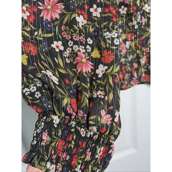Old Navy Floral Metallic Lurex Smocked Womens Size‎ M Black Boho Peasant Top - Image 2