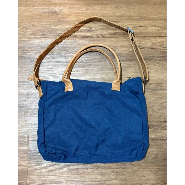 Navy Blue Canvas Tote Bag Tan Faux Leather Trim Crossbody Laptop Travel Satchel - Image 5