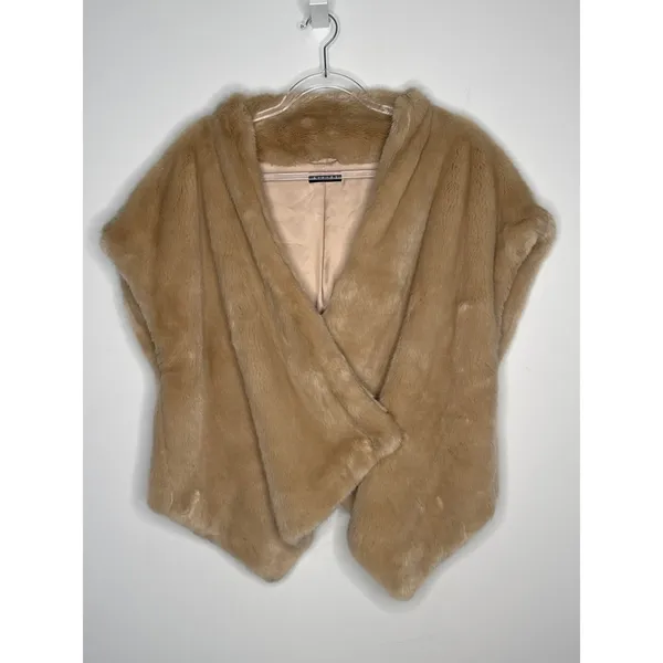 2000s Sisley Tan Faux Fur Shawl Wrap Poncho Cape Size small oversized - Image 13