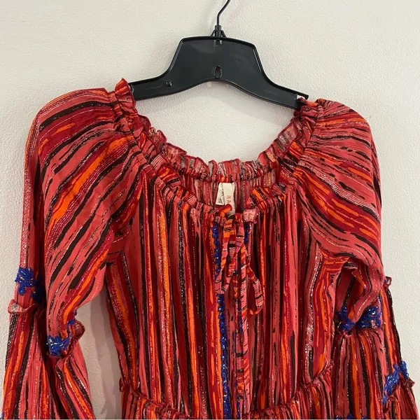 Raga Red Burnt Orange Metallic Thread Boho Tiered Dress Festival Size XS‎ - Image 4