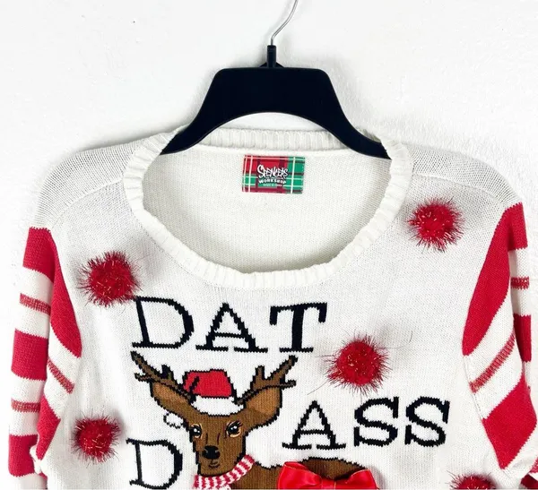 SPENCER’S White Graphic Print Long Sleeves Ugly Christmas Sweater, Size Large - Image 7