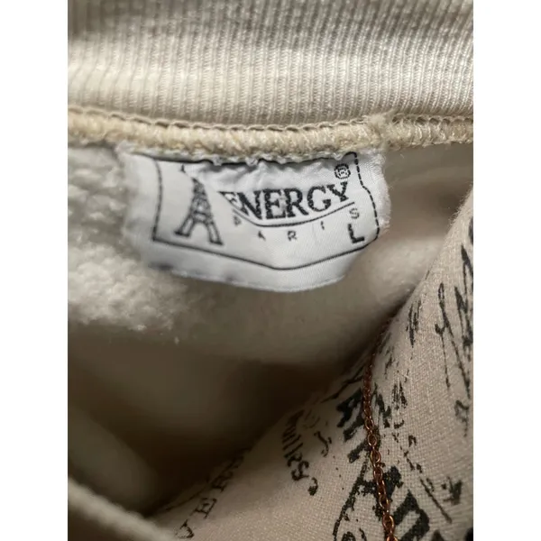 Vintage Energy Paris France‎ Embroidered Crewneck Sweatshirt Oatmeal Large - Image 3