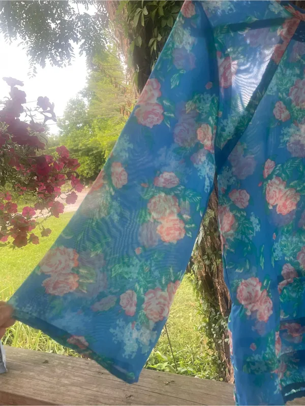 Mudd Blue Floral Sheer Peplum Blouse - Blue / Pink Size 16 Ruffle Hem - Image 2