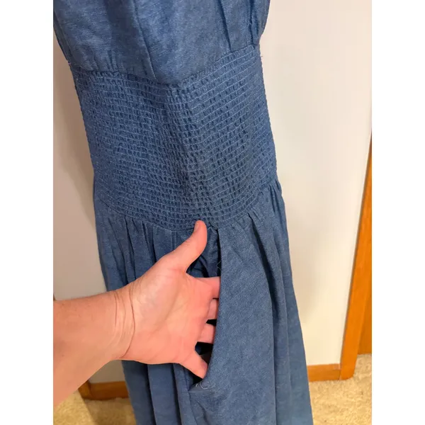 Anthropologie Tommie Denim Eyelet Trim Dress Blue cotton Midi Zip Front L NEW - Image 9