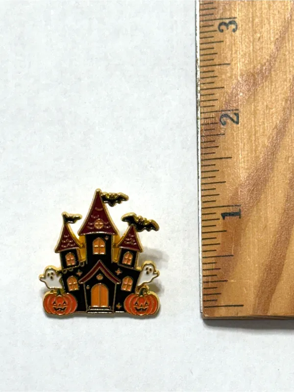 Halloween Haunted House Pin Black Orange White Gold Tone New - Image 2