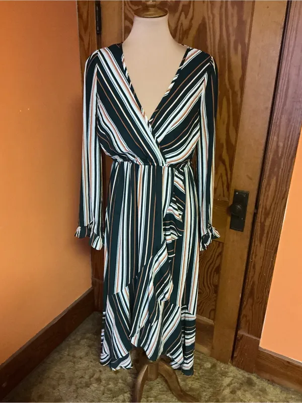 Jodifl Striped Faux Wrap Ruffle Midi Dress Size Medium Green Rust Boho - Image 7