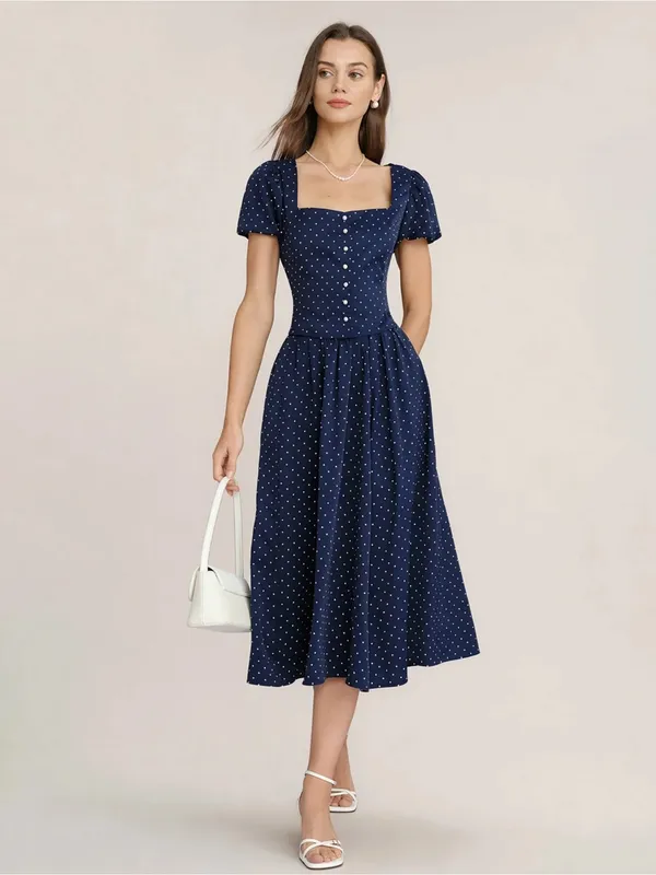 Rihoas Blue Polka Dot Pockets Midi Skirt - Image 3