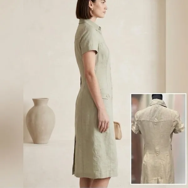 Anne Klein A-Line 100% Linen Safari Shirt Dress Khaki Green Utility Midi Size 4 - Image 3