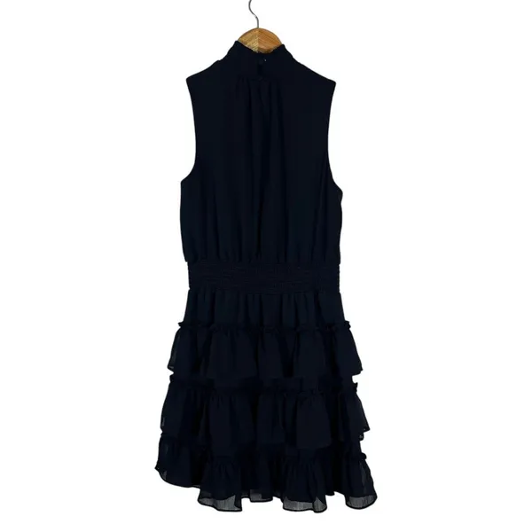 Express Smocked Mock Neck Solid Tiered Ruffle Mini Dress Black Whimsigoth Size S - Image 5