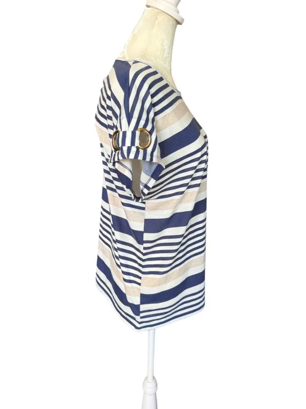 Modern Attraction navy white cream striped cap sleeve pullover top size M - Image 3