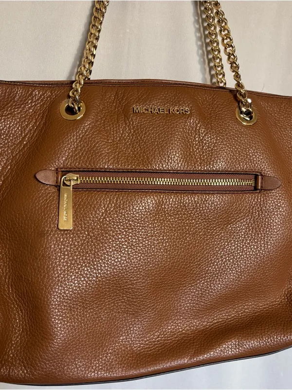Michael Kors Cognac Pebbled Leather Tote with Gold Chain Straps zipper closure - Image 2