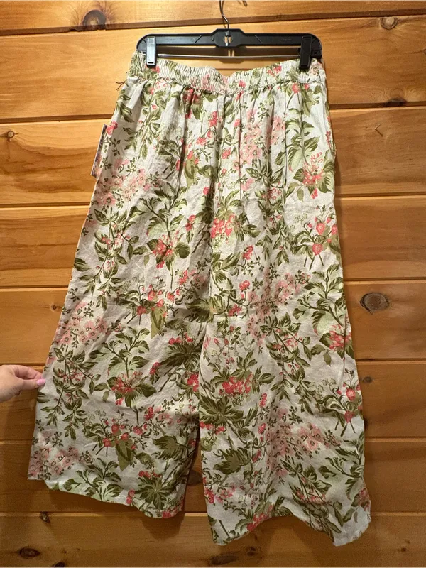 Laura Ashley 100% Linen Wide-Leg Berry & Floral Pants with Pink & Green Print Lg - Image 3