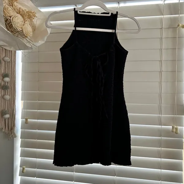 Free People Lyla Black Smocked Mini Dress Lace Up Open Back Y2K Size M - Image 4