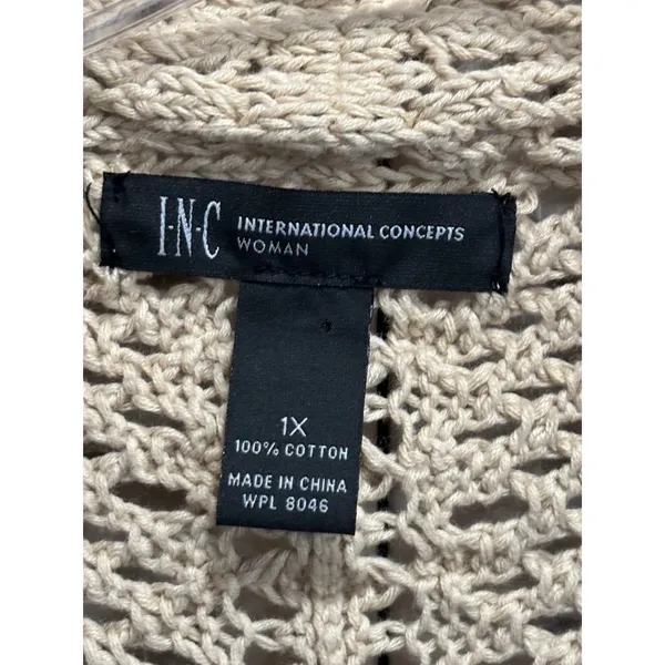 INC Beige Open Knit Shawl Neck Open Cardigan Sleeveless Size 1X Boho - Image 2