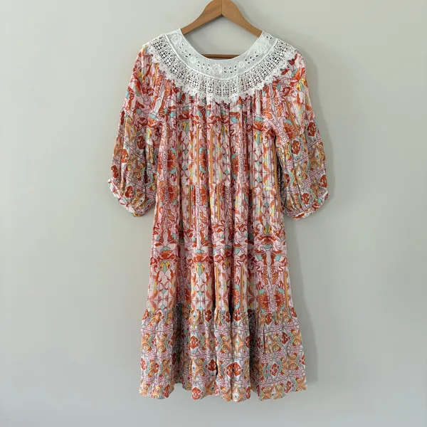 Anthropologie Lounge Dress Florence Floral Lace XS Boho Tiered Puff Sleeve - Image 4