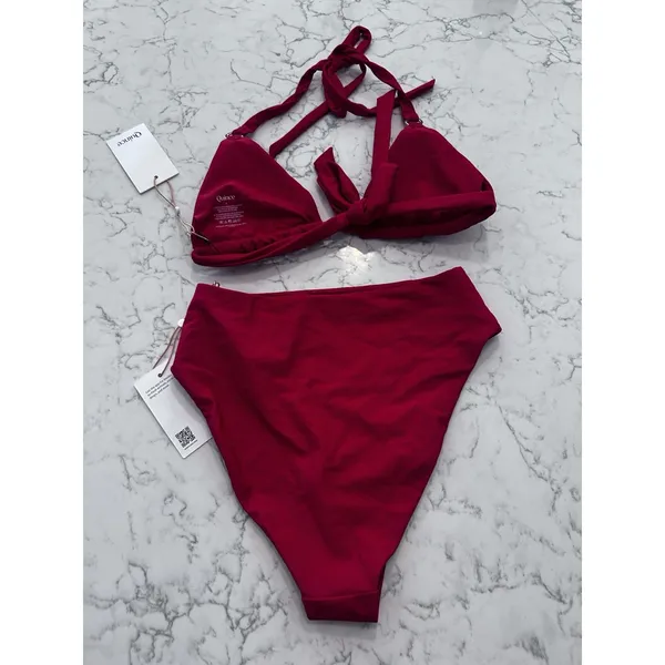 NWT Quince Cherry Red Italian Full Coverage Triangle Bikini Top High Leg Bottom - Image 2