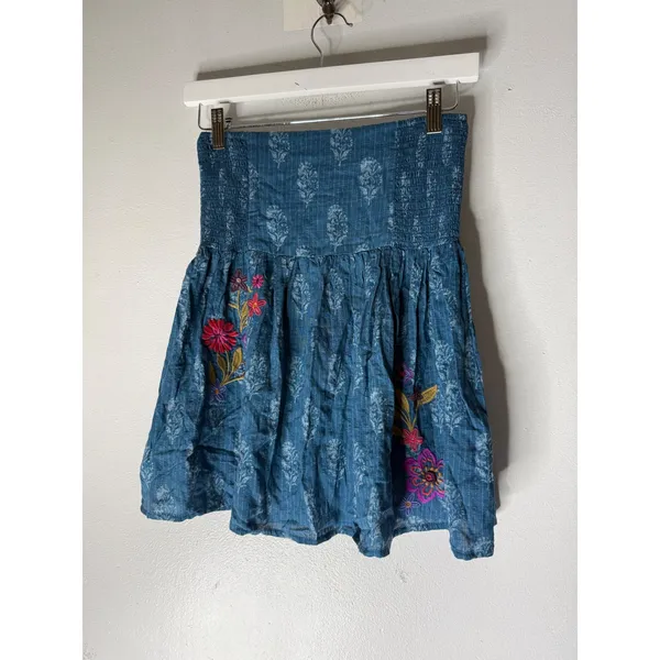 Natural Life Blue Floral Embroidered Smocked Waist Mini Skirt Small Boho - Image 2