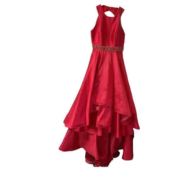 Mac Duggal Red Tiered‎ Ruffle Beaded Waist High Neck Ball Gown Dress Size 8 - Image 6