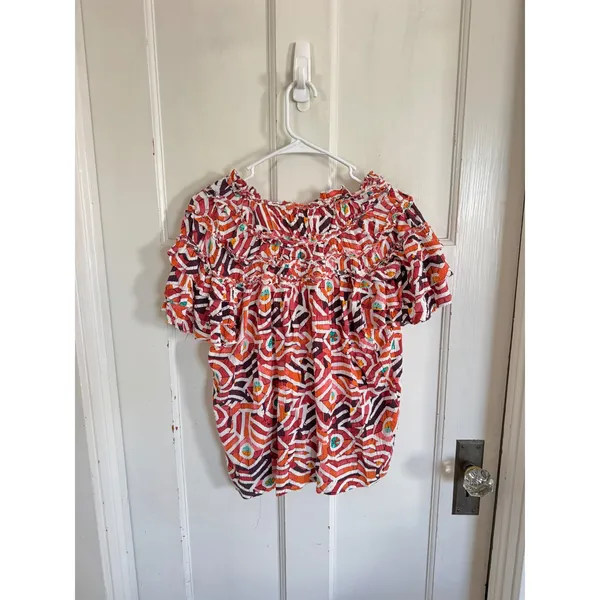 Anthropologie Maeve Short-Sleeve‎ Ruffle Yoke Colorful Blouse size xs - Image 6